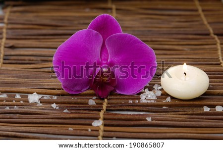 Red orchid with pile of white salt and candle on mat
