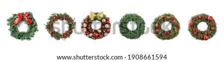 Set with beautiful Christmas wreaths on white background, banner design Royalty-Free Stock Photo #1908661594