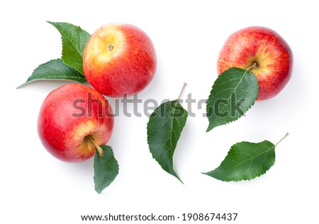 Fresh red apples with green leaves isolated on white background. Gala apple. View from above