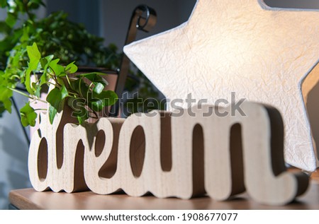 Concept photo with the word Dream made out of wood against a star light in a scenic place