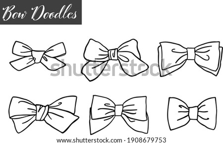 Collection of six doodled bows outline vector graphics without background.