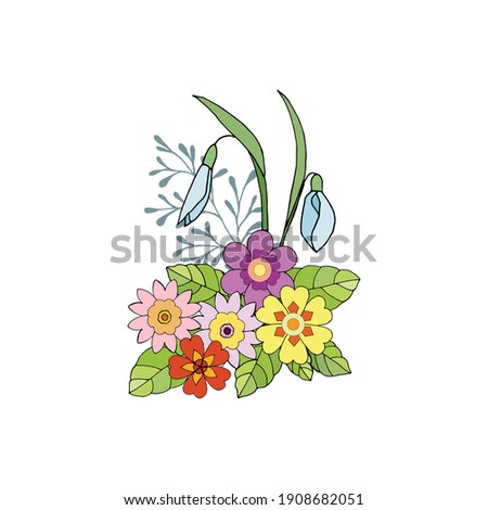 Colorful spring bouquet of snowdrops and primroses on a white background. Vector illustration for festive design. 