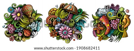 Spring cartoon vector doodle designs set. Colorful detailed compositions with lot of seasonal objects and symbols. Isolated on white illustrations