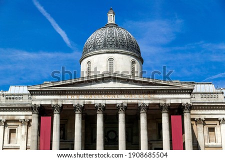 The National Gallery in Trafalgar Square London England UK which is a popular travel destination tourist art attraction landmark of the city centre, stock photo image