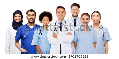 medicine, healthcare and people concept - international group of happy smiling doctors over white background Royalty-Free Stock Photo #1908705223