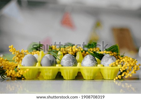 Happy Easter. Marble Eggs Mimosa on the Kitchen Table. Design and traditional decoration for the Holiday