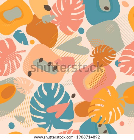Fluid color badges set. Abstract shapes composition. Beautiful exotic plants. Trendy summer Hawaii print. Colorful stylish floral. Seamless pattern