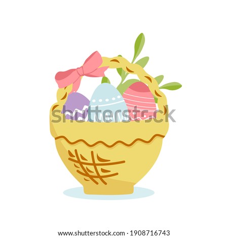 Easter basket with a twig and painted eggs. Cute cartoon spring basket. Vector hand drawn illustration