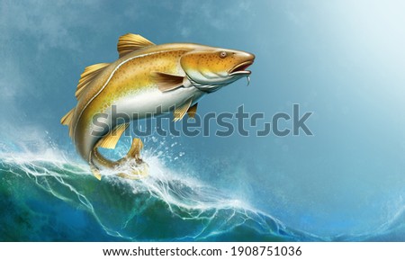 Atlantic Cod fish attack fish bait jigs and stakes spoon bait jumping out of water illustration isolate realistic. Atlantic Cod fish on the background of the waves of the open ocean.