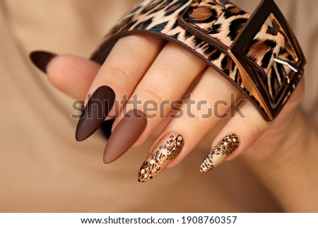Luxurious multicolored manicure with animal design on long nails. Royalty-Free Stock Photo #1908760357