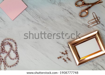 Rose Gold frame mockup and Pink on Marble flat lay