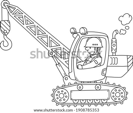 Mobile truck crane with a driver. Coloring book