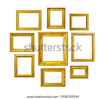 Golden vintage frames on white background. Set of golden frames for paintings, mirrors or photo isolated on white background.
