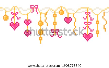 Pixel art wedding, Valentine's day, party, romantic date gold and pink garland with hearts, ribbons, bows, balls.Romantic 8 bit horizontal border isolated on white background.Retro video game graphics
