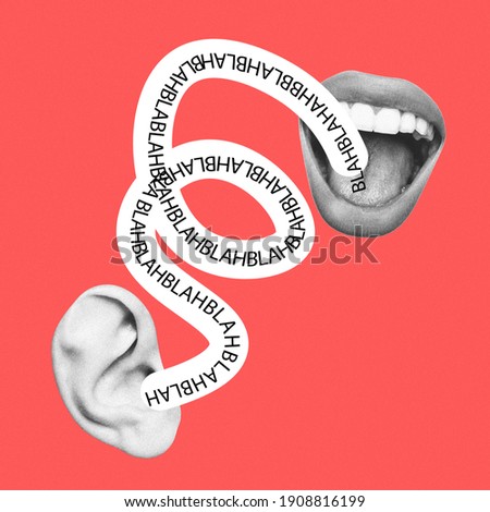 Endless talks about nothing. Female mouth talks to male ear. Modern design, contemporary art collage. Inspiration, idea, trendy urban magazine style. Negative space to insert your text or ad. Royalty-Free Stock Photo #1908816199