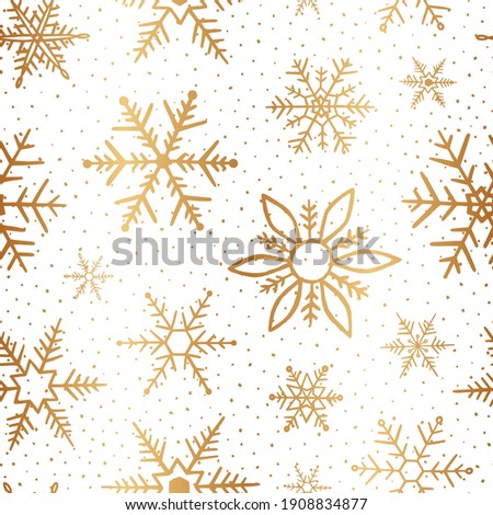 Snowflake golden seamless pattern. Winter gold background. Repeated elegant texture. Repeating delicate snow backdrop. Falling random snowflakes for design winter prints. Scatter snowflakes. Vector