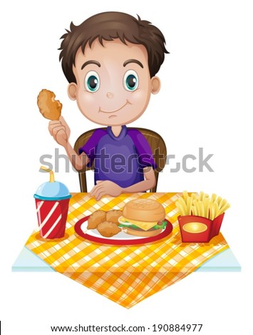Illustration of a young boy eating in a fastfood restaurant on a white background