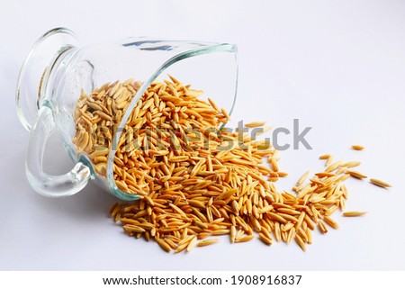 Measuring glassware and sprinkled cereal of whole oats on a white background horizontally.  Avena sativa. Avena Family. Copy space Royalty-Free Stock Photo #1908916837