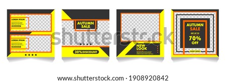 Set of editable creative templates for social media. Minimal square banner template. Social Media feed with grey, orange, yellow. Discount promo. Vector illustration with photo collage.