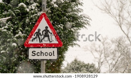 School crossing sign with falling snow
