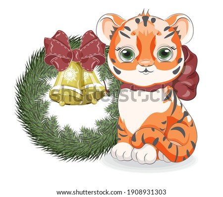 Cute baby tiger with bow, symbol 2022, 2034. Happy new year, picture in hand drawn cartoon style, for t-shirt wear fashion print design, greeting card, postcard. baby shower. party invitation