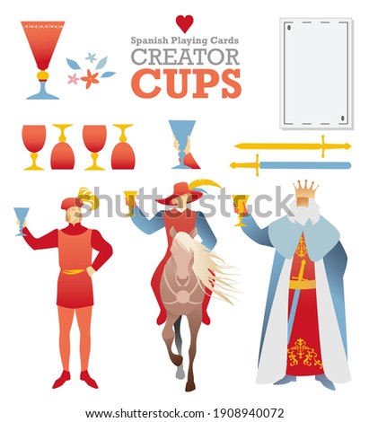 Creator deck of Spanish playing cards. Cups. Symbols and characters of the cards to build a deck