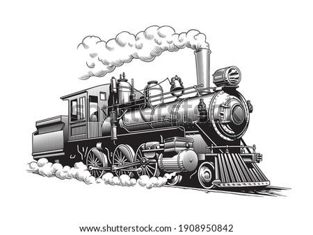 Vintage steam train locomotive, engraving style vector illustration Royalty-Free Stock Photo #1908950842