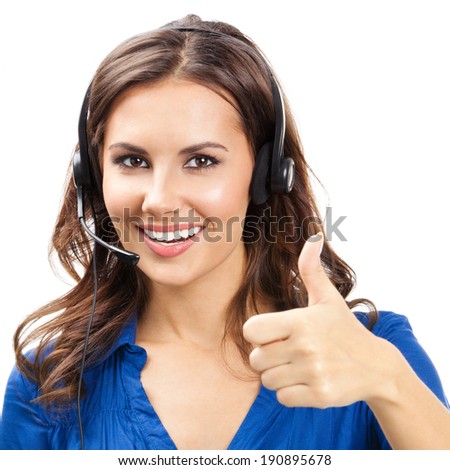 Portrait of happy smiling cheerful young support phone operator in headset showing thumbs up gesture, isolated over white background