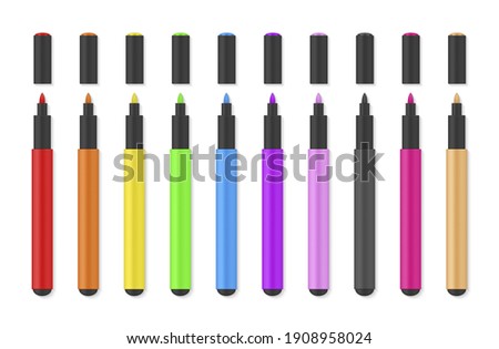 Colored markers with black body and lid realistic set. Open felt or fibre-tip, highlighter pens. Office stationery templates collection. Vector markers illustration  isolated on white background.