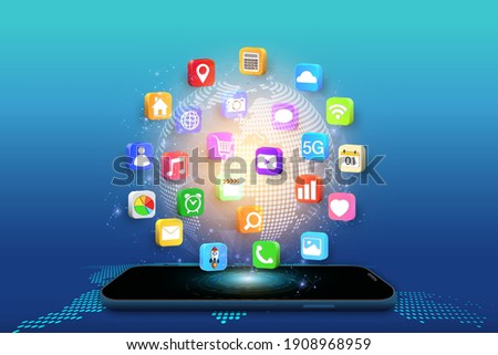 Application on Mobile, smartphone with application icons isolated on global network background as new technology and communication concept. vector illustration. Royalty-Free Stock Photo #1908968959
