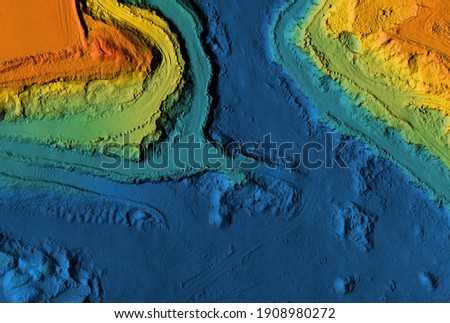 Mine elevation model. GIS product made after proccesing aerial pictures taken from a drone. It shows map of an excavation site with steep rock walls Royalty-Free Stock Photo #1908980272