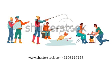 Set of young romantic couples during hiking and camping adventure, flat vector illustration isolated on white background. Men and women tourists fishing, camping and hiking.