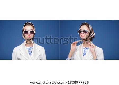 High fashion photo of a beautiful elegant young woman in a pretty white jacket, patterned dress, boots, head scarf, stylish sunglasses posing over blue background. Studio Shot. Portrait