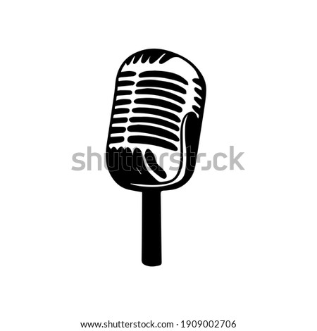 Retro old microphone icon in vector hand drawn style isolated on white background