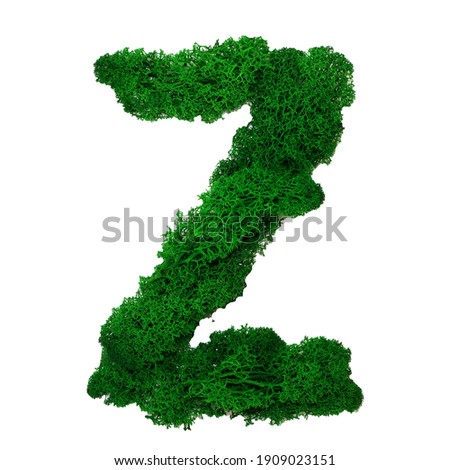 Letter Z of the English alphabet made from green stabilized moss, isolated on white background.