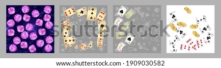 Set of casino banners. Casino game cards are falling. Dice rain. Template for advertising parties, events in Vegas. Vector illustration
