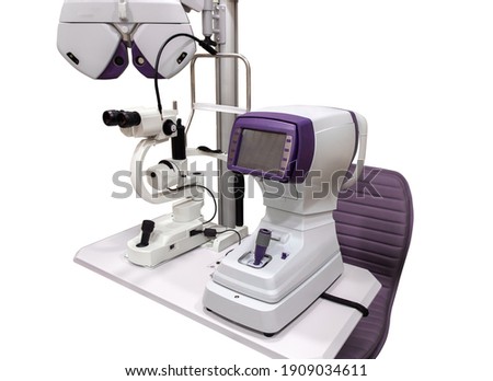 Angiography. Optical CT scan. Ophthalmology clinic equipment. Diagnosis of vision. Tomography in Optical Coherence (OCT) isolated on white Royalty-Free Stock Photo #1909034611