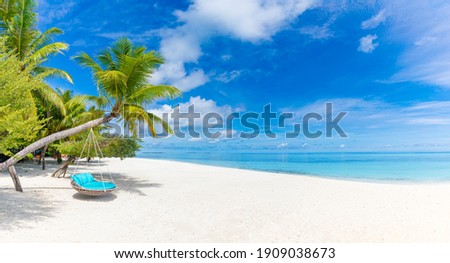 Tropical beach background as summer relax landscape with beach swing or hammock and white sand and calm sea for beach template. Amazing beach scene vacation and summer holiday concept. Luxury travel Royalty-Free Stock Photo #1909038673