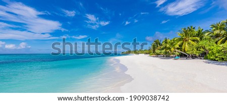 Maldives island beach. Tropical landscape of summer scenery, white sand with palm trees. Luxury travel vacation destination. Exotic beach landscape. Amazing nature, relax, freedom nature template Royalty-Free Stock Photo #1909038742