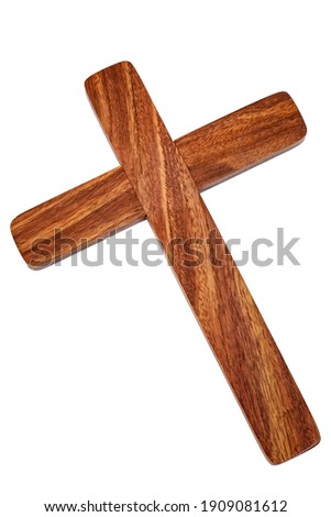 Happy Easter, praying for the grace of Jesus Christ and Christian tradition concept with picture of wood cross or crucifix isolated on white background with clipping path cutout