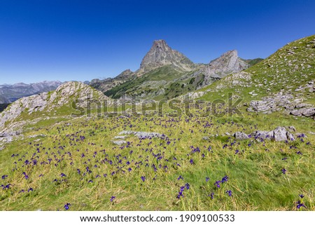View of Ayous lakes and Midi d'Ossau mountain in the Pyrenees (France)
