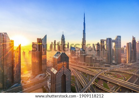 Dubai - City center skyline drone amazing rooftop view, United Arab Emirates Royalty-Free Stock Photo #1909118212