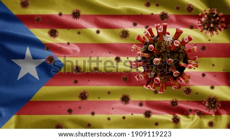 Catalonia independent flag waving with Coronavirus outbreak infecting respiratory system as dangerous flu. Influenza type Covid 19 virus with national Catalan estelada banner blowing at background.