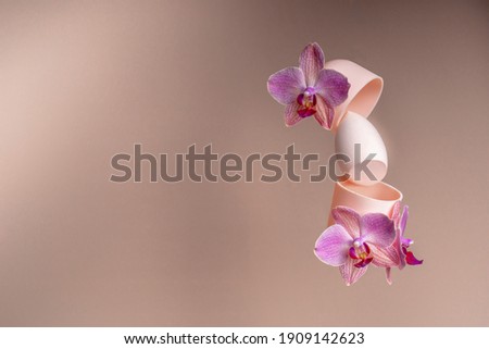 Levitation of the beauty blender and orchid flowers. Sponge for applying concealer and foundation. Trending style balance and levitation.