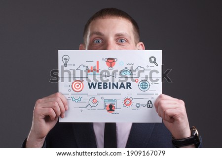 Business, technology, internet and network concept. Young businessman thinks over the steps for successful growth: Webinar