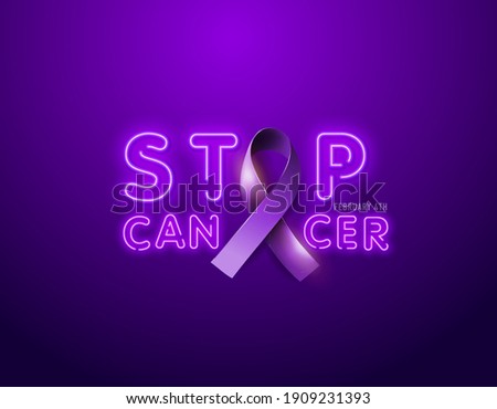The world day of fight against cancer purple background illustration with the symbol of the ribbon and text stop of neon. Vector illustration of the concept of World Cancer Day.Vector