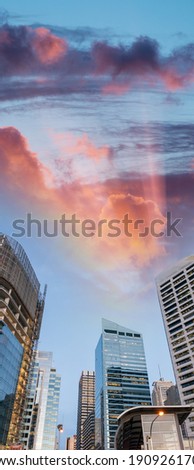 Sydney, NSW. Darling Harbour skyscrapers at sunset.
