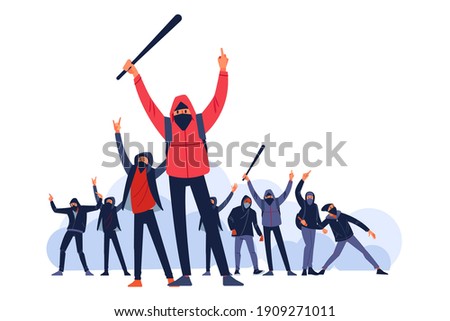 Protesters throws stones toward police during city streets riots. Male characters with a bat and a Molotov cocktail Attack and fight in the unrests. Flat style characters vector illustration isolated.