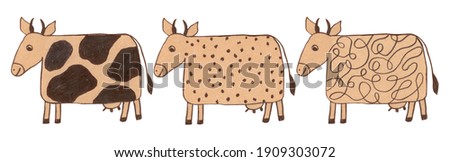 Graphic set of cute cartoon style cows on craft paper. Childish hand-drawn illustration isolated on the white background. Adorable cows in vintage style