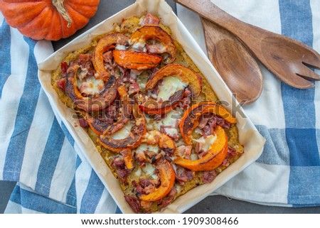 healthy baked pumpkin polenta pizza with cheese